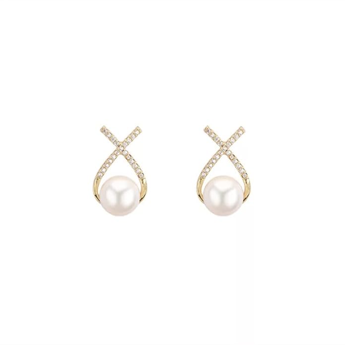 Korean Studded Cross Pearl Stud Earrings