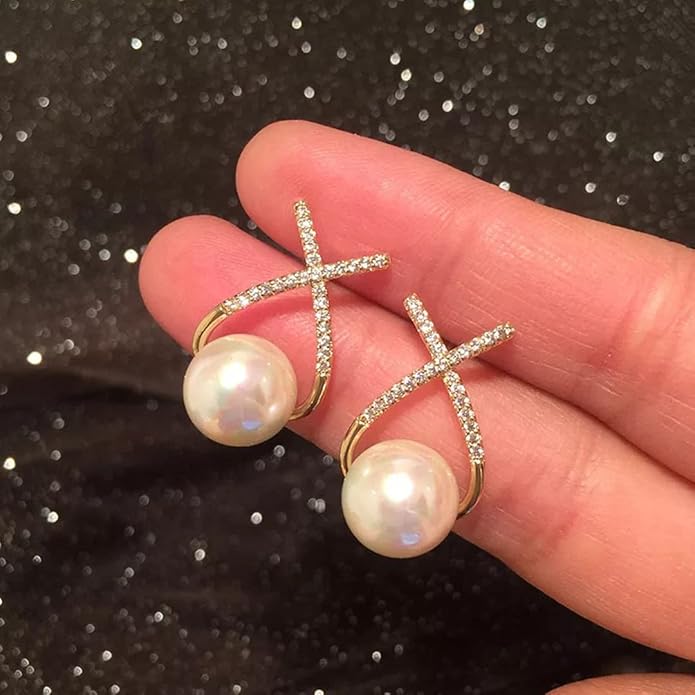 Korean Studded Cross Pearl Stud Earrings