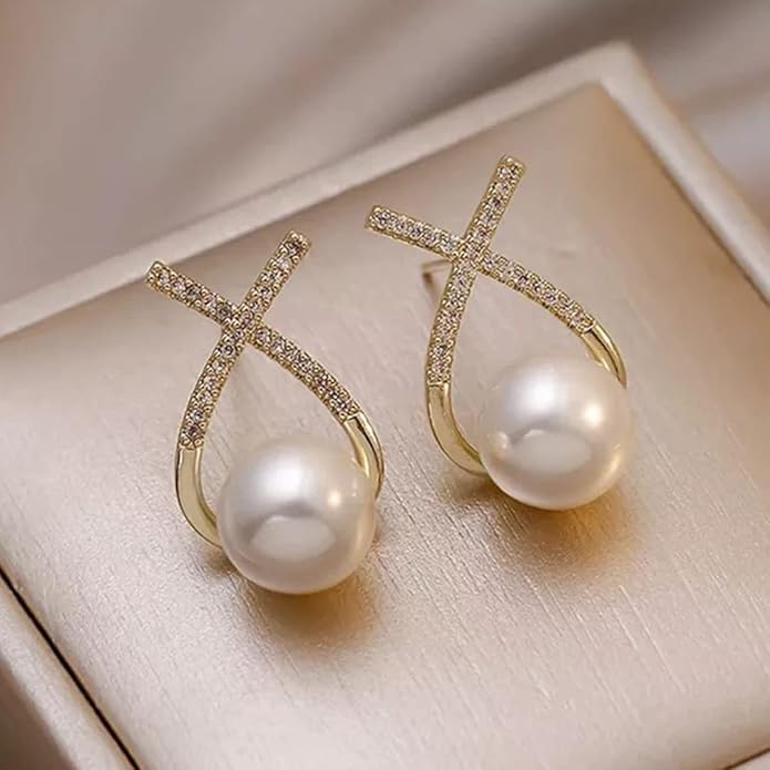 Korean Studded Cross Pearl Stud Earrings