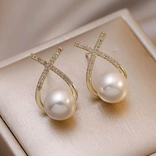 Korean Studded Cross Pearl Stud Earrings